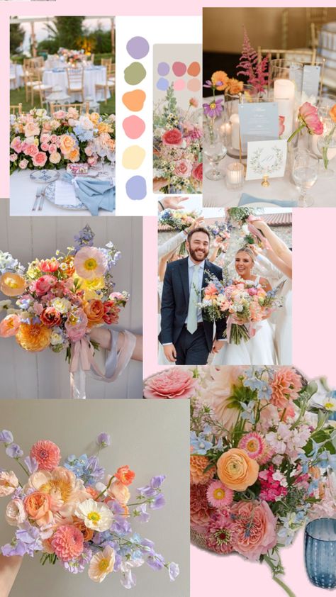 Blue Colorful Wedding, Wildflower Wedding Theme Color Schemes, Floral Wedding Theme, Rainbow Wedding Theme, Pastel Wedding Theme, Wedding Theme Color Schemes, Wildflower Wedding Theme, Wedding Color Scheme, Wedding Color Pallet