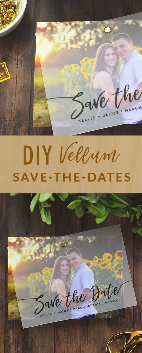 Make your Save-the-Date cards more creative, elegant, and memorable with this easy tutorial. Using budget-friendly materials like vellum and cardstock, this DIY Save-the-Date card is sure to make a lasting impression on your guests. Click for a step-by-step tutorial and list of materials: http://blog.cardsandpockets.com/2017/08/17/diy-layered-vellum-save-the-date/ Diy Save The Date Photos, Vellum Wedding Invitations With Picture, Easy Save The Dates Diy, Diy Vellum Save The Date, Inexpensive Save The Date Ideas, Diy Save The Date Cards, Diy Vellum Wedding Invitations, Diy Save The Date Ideas For Weddings, Diy Wedding Save The Dates