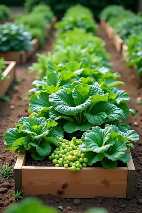 Raised garden bed with lush green cabbage plants and a small bunch of green grapes. Beautiful Vegetable Garden Inspiration, Country Vegetable Garden, Potager Garden Layout, Veggie Garden Design, Vegetable Garden Design Ideas, Planting Techniques, Spacious Backyard, Productive Garden, Edible Gardening