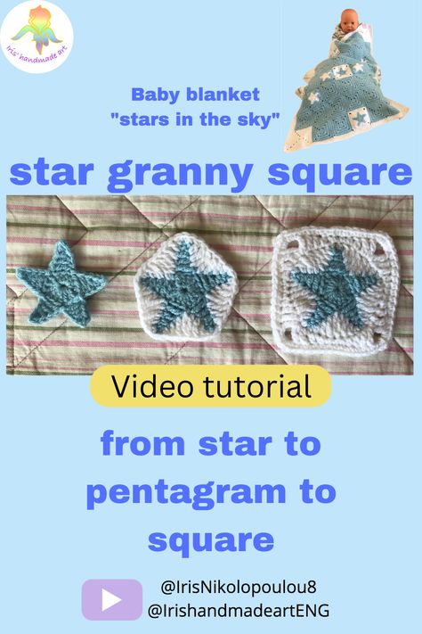 video tutorial on how to crochet the original granny square Crochet Star Granny Square Free Pattern, Star Granny Square Tutorial, How To Crochet A Star Granny Square, Crochet Star Square, Star Granny Square Pattern, Crochet Star Granny Square Tutorial, Star Granny Square Crochet Pattern Free, Crochet Star Granny Square, Star Granny Square