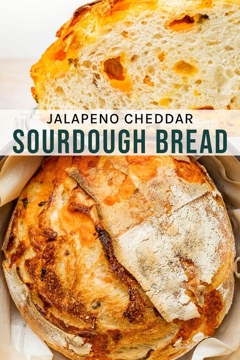 Jalapeño Cheddar Sourdough Bread Jalapeño cheddar sourdough is an easy way to amp up the flavour of a basic sourdough loaf! Eat it plain, or slathered with butter and jam. Jalapeno Cheddar Sourdough Bread, Cheddar Sourdough Bread, Jalapeno Cheese Bread, Recipe Using Sourdough Starter, Pickled Jalapenos, Sourdough Starter Discard Recipe, Homemade Sourdough Bread, Jalapeno Recipes, Bread Starter