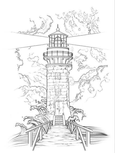 Pyrography Lighthouse Patterns, Nautical Tattoo Sleeve Drawings, Lighthouse Outline Tattoo, Lighthouse With Waves Tattoo, Lighthouse Tattoo Design Realistic, Lighthouse Drawing Tattoo, Neo Traditional Lighthouse, Lighthouse Drawing Sketch, Light House Sketch