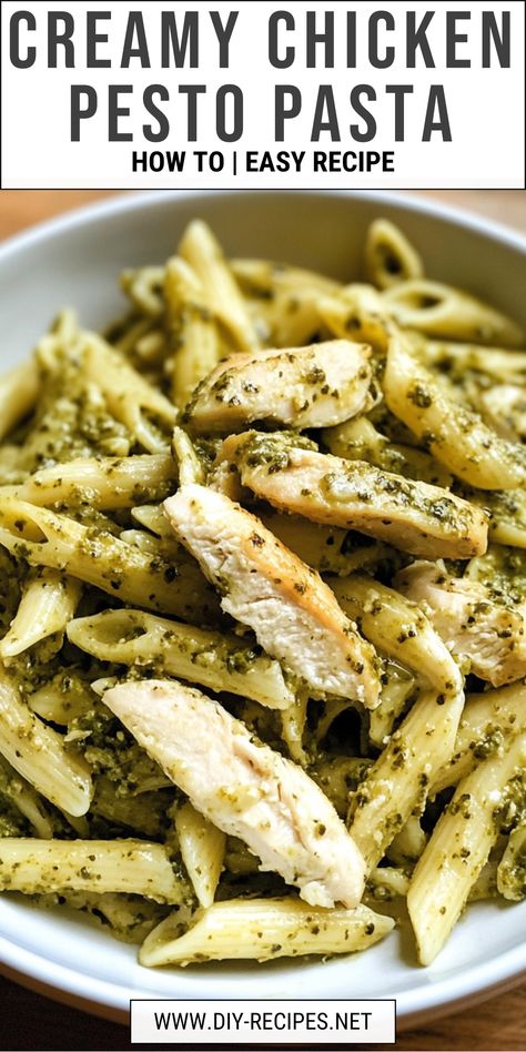 Try this creamy chicken pesto pasta recipe! With a rich sauce, Parmesan, and tender chicken, it's a family favorite meal. Creamy Chicken Pesto Pasta, Chicken Basil Pasta, Pesto Pasta Recipes Chicken, Chicken Pesto Pasta, Creamy Pesto Chicken Pasta, Wonton Soup Recipe, Pesto Pasta Recipe, Pesto Tortellini, Pesto Pasta Recipes