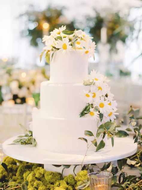 The perfect summer wedding cake — a white frosted confection topped with daisies was a beautiful addition to this white and green wedding reception. The cake say a top mossy greens for an enchanted effect. Come see the full wedding design and get ideas for your own wedding. Publix Wedding Cake, Daisy Wedding Theme, Christmas Cupcake Ideas, Daisy Wedding Cakes, Yellow Table Runner, Bee Decorations, Mum Wedding, White Tablescape, Fairchild Tropical Botanic Garden