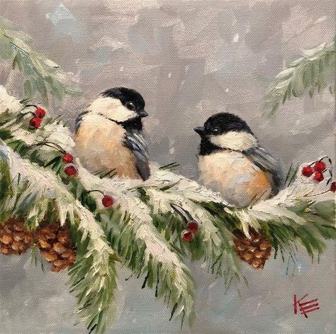 Chickadee Art, Christmas Card Art, Winter Painting, Christmas Bird, Simple Acrylic Paintings, Bird Pictures, Beginner Painting, Winter Art, Paint By Numbers