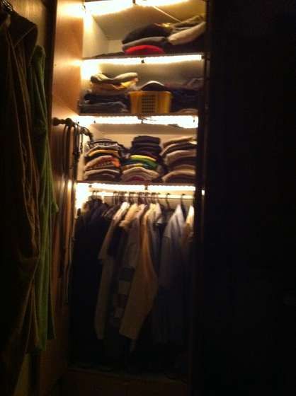 DIY Instructable for automatic LED lights for your closet...I will be doing this.  A friend of ours said he installed one for his mother in her closet, but he put the lights around the inside of the door frame.  I think I would like that better, but this is the same basic principal. Automatic Closet, Pantry Lights, Home Depot Closet System, Home Depot Closet, Closet Cupboard, Pantry Lighting, Interior Wood Stain, Make A Closet, Cupboard Lights