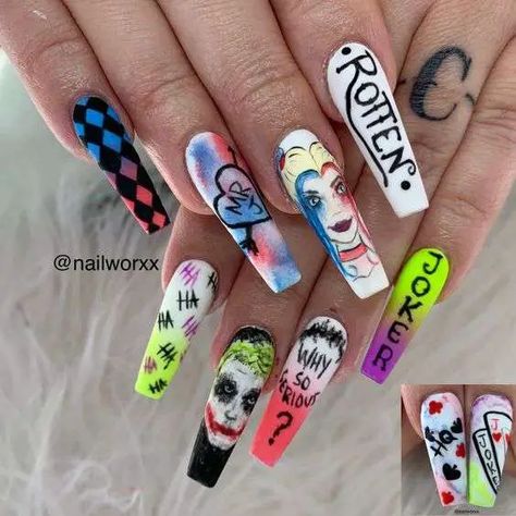 The Joker Nail Art, Joker Nails Designs Art, Joker Halloween Nails, Harley Quinn Inspired Nails, Joker Acrylic Nails, Joker And Harley Quinn Nails, Joker Themed Nails, Joker Nails Acrylic, Horror Movie Nail Designs