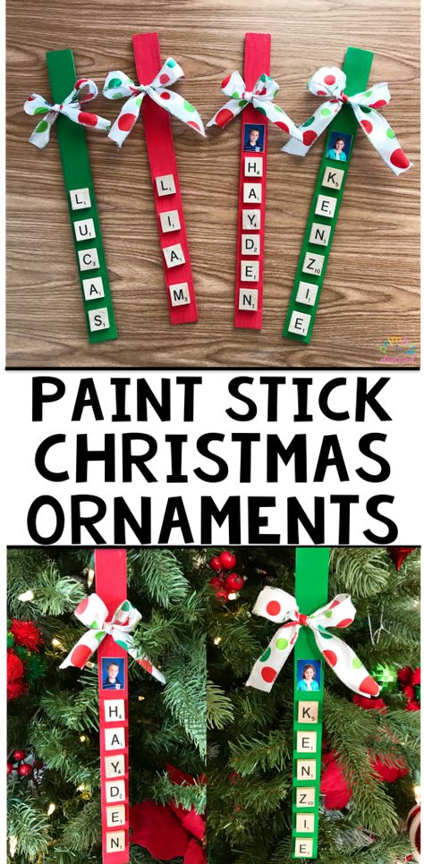 Paint Stir Stick Crafts, Stick Christmas Ornaments, Paint Sticks Projects, Paint Stick Crafts Diy Projects, Primary Playground, Paint Stick Crafts, Paint Sticks, Inexpensive Christmas Gifts, Christmas Paintings On Canvas