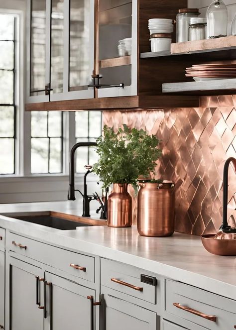 20 Modern Farmhouse Kitchen Ideas You’ll Love 12 Copper White Kitchen, Black Cabinets With Copper Hardware, Kitchen With Copper Accents, Kitchen Tile Backsplash Ideas, Copper Kitchen Accents, Black And Copper Kitchen, Modern Farmhouse Kitchen Ideas, Modern Farmhouse Ideas, Montana House