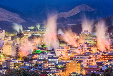 48 Hours in Beppu: Japan's Hot Spring Capital Houses At Night, Japan Cityscape, Bath Houses, Hot Spring Bath, Japanese Town, Japan Temple, Beppu, Hotel House, Ishigaki