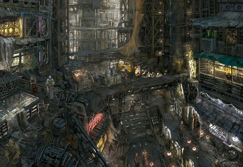 Street scene in Lower Dura, Sharn Vampire Culture, Ville Cyberpunk, Underground City, Sci Fi Landscape, Cyberpunk Rpg, Shanty Town, Sci Fi Environment, Concept Art World, Underground Cities