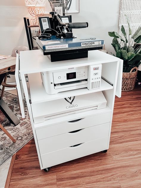 Cricut And Printer Storage Ideas, Heat Press Table Ideas, Office In Dining Room, Cricut Table, Portable Workshop, Craft Storage Closet, Printer Station, Diy Office Organization, Craft Closet Organization