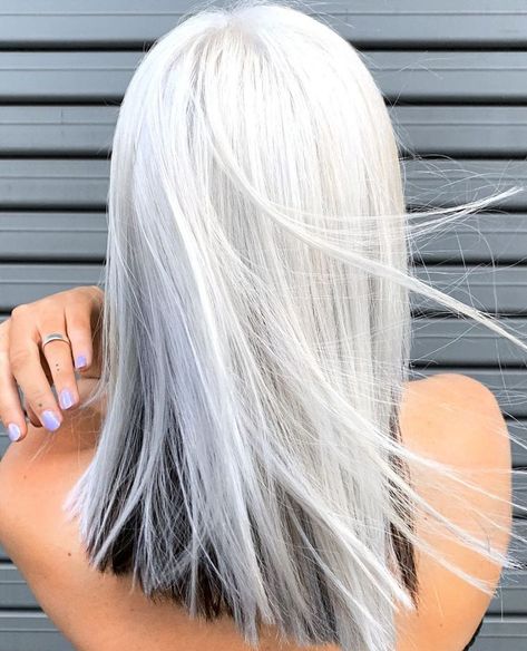 White Hair With Golden Highlights, Platinum Blonde Dark Underneath, Icy Blonde With Black Underneath, White Blonde And Black Hair, Platinum Blonde Hair With Black Under, Platinum Blonde With Black Underneath, White Roots Dark Ends, Platinum Blonde Hair With Black Streaks, Platinum Blonde With Black