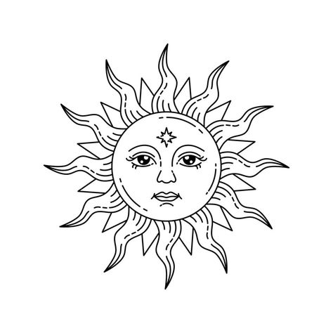 Celestial sun with face and opened eyes, stylized drawing, tarot card. Eyes Stylized, Sun Outline, Celestial Illustration, Sun With Face, Stylized Drawing, Sun Drawing, Celestial Sun, Sun Tattoos, Face Illustration