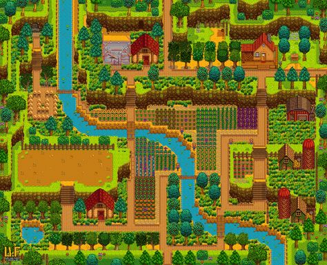 YAY here's mine ♥ @notpuga Stardew Farms, Stardew Valley Layout, Stardew Valley Tips, Stardew Valley Farms, Green House Design, Top Farm, Farm Plans, Farm Layout, Forest Hill