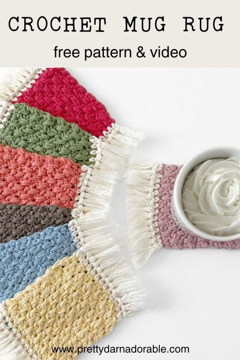 Free Crochet Brighton Crochet Mug Rug Coaster Pattern & Video Crochet Mug Rug Coaster, Quick Crochet Coasters, Crochet Mug Rugs Patterns Free, Mug Rugs Patterns Free, Crochet Mug Rugs, Crochet Mug Rug, Mug Rug Pattern, Crochet Cup Coaster, Rug Coasters