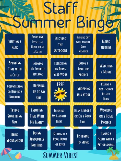 Icebreaker Games for Staff: Summer Staff Bingo Back To School Ice Breakers For Teachers, Staff Scavenger Hunt For Teachers, School Year Themes For Staff, Teacher Games For Staff, Staff Games For Teachers, Staff Bingo, Pbis Incentives, School Leadership Principal, Staff Inspiration