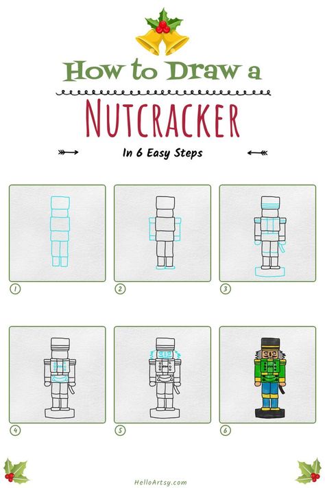 6 steps demonstrating how to draw a nutcracker drawing for kids. Nutcracker Drawing, Easy Christmas Drawings For Kids, Christmas Drawings For Kids, Santa Breakfast, Christmas Drawing Ideas, Art Ideas For School, Christmas Kids Crafts, Easy Christmas Drawings, Draw Christmas