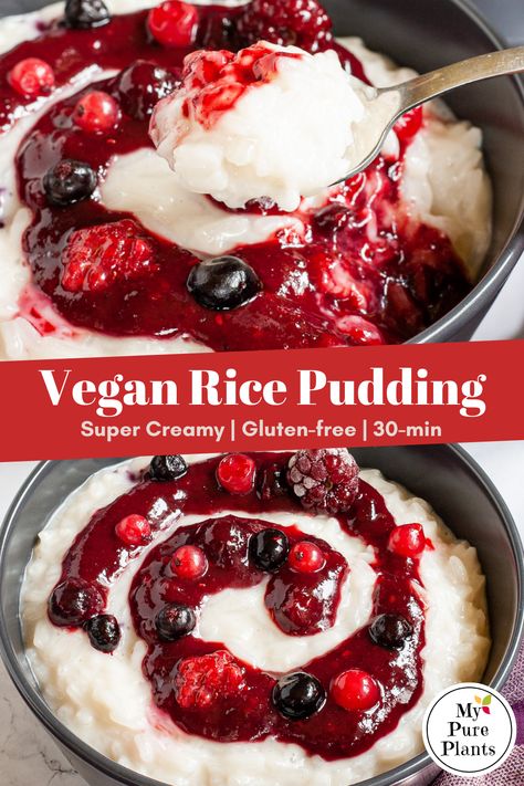 This is the creamiest vegan rice pudding you can make. This recipe is using aromatic jasmine rice cooked in the mix of almond milk and coconut milk. Served with a swirl of homemade cinnamon berry sauce. It is an absolutely delicious breakfast or dessert! Jasmine Rice Pudding, Rice Dessert Recipes, Vegan Rice Pudding, Coconut Milk Rice, Homemade Cashew Milk, Coconut Rice Pudding, Milk Rice, Rice Desserts, Milk Dessert