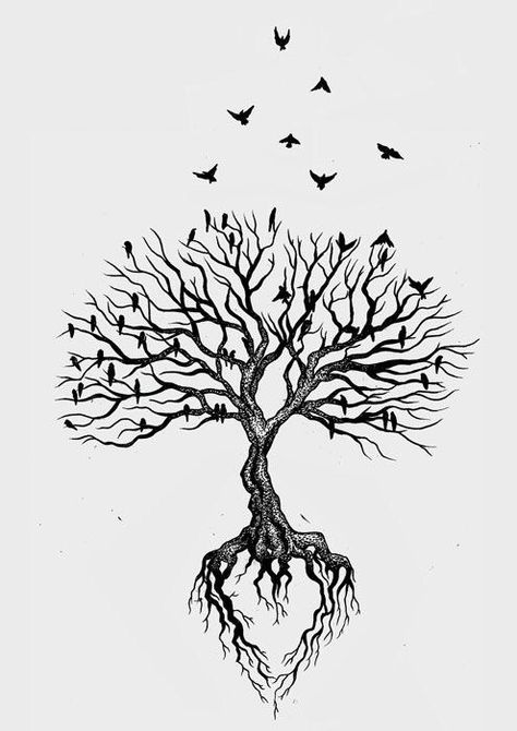 20+ Tree Drawing & Painting Ideas · Brighter Craft Tattoo Tree, Tattoo Bird, Family Tree Tattoo, Tattoo Leg, Geniale Tattoos, Tree Of Life Tattoo, Bird Tattoo, Wings Tattoo, Black Tree