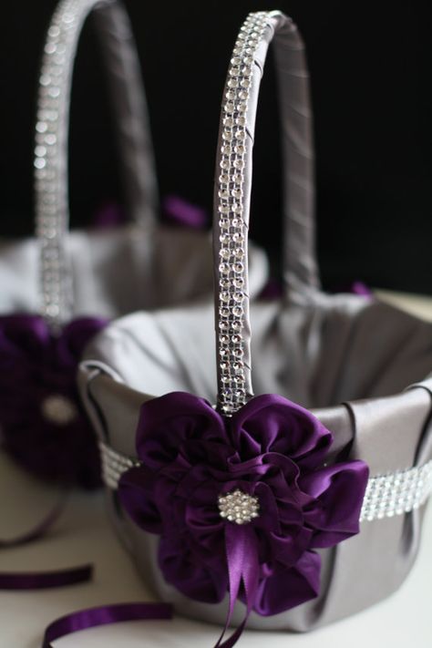 Gray and Plum Wedding Flower Girl Baskets \ Egg Plant and Gray Flower Baskets \ Ceremony Petals Basket with brooch and Rhinestones Trim Beautiful wedding set! Made of satin, ribbons and brooch. Basket measures: 6.3 inches in diameter. The ribbon on this adorable pillow and basket can Plum Wedding Flowers, Deco Violet, Purple And Silver Wedding, Egg Plant, Plum Wedding, Wedding Flower Girl Basket, Purple Wedding Theme, Flower Girl Baskets, Mom Wedding