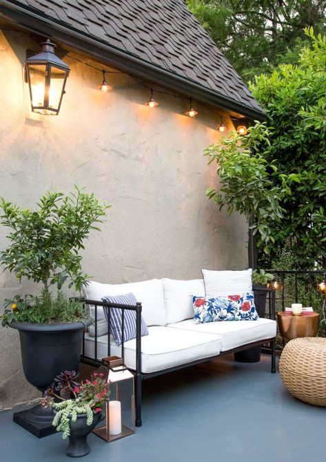 How to Decorate Your Outdoor Space With Target + Shop the Look - Emily Henderson Mid Century Patio Furniture, Patio String Lights, Outdoor Remodel, Patio Loveseat, Outdoor Pouf, Outdoor Loveseat, Target Home Decor, Patio Makeover, Patio Lighting