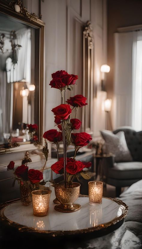 Unique Red Rose Arrangement, Valentine Centerpieces Elegant, Valentines Luxury, Red Rose Arrangements, Intimate Lighting, Valentine Centerpieces, Decorations Bedroom, Red Wedding Theme, Love Dive