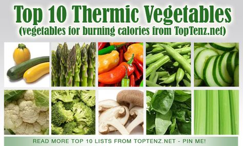 Top 10 Thermic Vegetables - Thermic vegetables, also known as free or negative calorie vegetables, burn more calories than they contain:  “Your body requires on average 150-250 calories to digest your food, depending on your weight, gender and activity level. If you eat something that has a caloric content of 100 calories, you will actually burn more calories than you ingest” (wisegeek.com).  Read more: http://www.toptenz.net/top-10-thermic-vegetables.php#ixzz2Rlv5WLkU Thermic Foods List, Thermogenic Foods List, Thermic Foods, Thermogenic Foods, Negative Calorie Diet, Burning Calories, 1200 Calories, Body Detox, 100 Calories