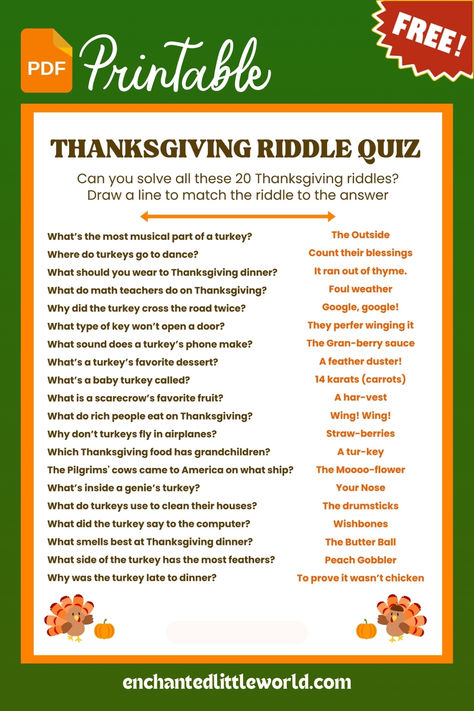 Fun Thanksgiving Riddle Quiz printable PDF for kids, featuring 20 Thanksgiving-themed riddles with matching answers. Designed in a bright, playful style with turkey illustrations, this activity engages children in a festive way. Perfect for Thanksgiving classroom fun, family gatherings, or holiday playtime. Free printable at Enchanted Little World Thanksgiving Fun Activities For Kids, Thanksgiving Riddles, Quiz For Kids, Free Printable Thanksgiving, Riddles For Kids, Thanksgiving Activity, Kids Thanksgiving, Berry Sauce, Printable Thanksgiving