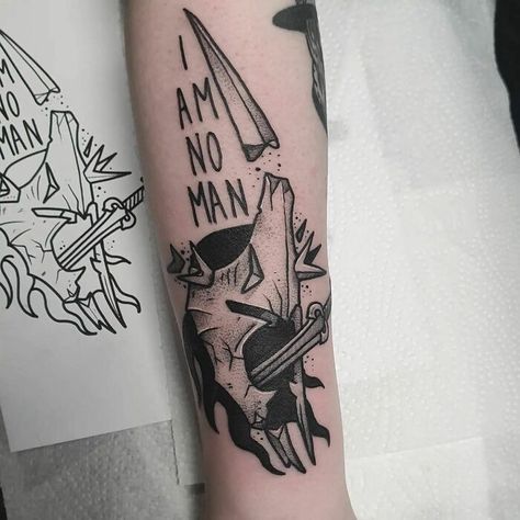 Not By The Hand Of Man Will He Fall Tattoo Witch King Of Angmar Tattoo, I Am No Man Tattoo, Witch King Tattoo, Eowyn Tattoo, Lord Of The Rings Tattoo Ideas, Inscription Tattoo, Tree Of Gondor Tattoo, Gnarly Tattoos, Gandalf Tattoo