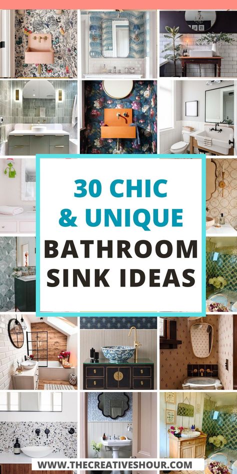 Discover creative bathroom sink ideas that range from rustic wooden countertops to modern floating designs. Find inspiration for small and tiny bathrooms, and learn how to DIY your own stylish sink with storage for a personalized decor aesthetic. Bathroom Sink Shapes, Unique Bathroom Sink Ideas, Bathroom Vanity Sink Ideas, Bathroom Sink Backsplash Ideas Diy, Types Of Sinks Bathroom, Tiny Sinks For Tiny Bathroom, Bathroom Sink Decor Countertops, Bathroom Sink Backsplash Ideas, Unique Bathroom Vanity Ideas