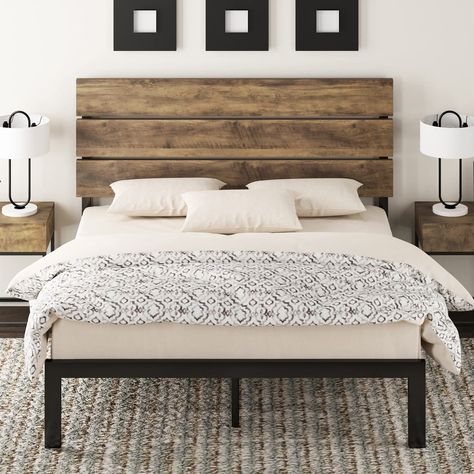 Allewie Queen Size Rustic Country Style Wooden Headboard Metal Platform Bed with Strong Metal Slats, Light Brown - Walmart.com Metal Bed Base, Queen Size Platform Bed, Wooden Headboard, Queen Size Bed Frames, Queen Bed Frame, Wooden Bed Frames, Metal Platform Bed, Wood Headboard, Wood Beds