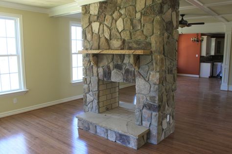 Double sided stone fireplace Double Sided Fireplace Living Room, Idaho Homes, Double Fireplace, Rustic Villa, Fireplace Drawing, Rock Fireplace, Cottage Fireplace, Fireplace Living Room, Slate Fireplace