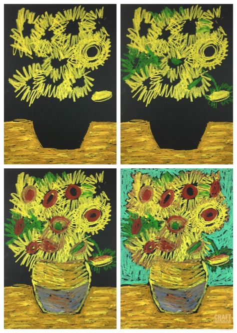 Van Gogh sunflowers oil pastel art project. This is an easy oil pastel project for kids, but it would be fun for adults, too. #vangoghproject #artforkids #oilpastel #kidsart Van Gogh Art Projects, Growing Eyfs, Oil Pastel On Black Paper, Art Projects For Middle School, Van Gogh Art Lesson, Sunflower Art Project, November Activities, Art Program, 4th Grade Art