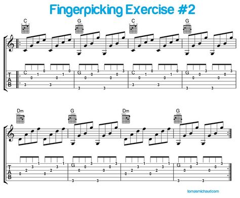 fingerpicking-exercise-2 Fingerstyle Guitar Exercises, Fingerpicking Guitar Exercise, Basic Chords Guitar, Guitar Lessons Fingerpicking, Learn Guitar Songs, Guitar Fingers, Guitar Exercises, Basic Guitar Lessons, Guitar Lessons Tutorials