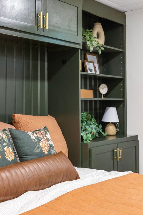 Bed With Bookshelves, Murphy Bed Office, Dark Green Rooms, Guest Bedroom Office, Diy Built In, Murphy Bed Kits, Horizontal Murphy Bed, Guest Bedroom/office, Bookshelf Bed