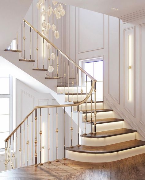 Ruangan Studio, درج السلم, Staircase Interior Design, Luxury Staircase, Staircase Railing Design, Staircase Design Modern, Stairs Design Interior, Neoclassical Interior, Stair Railing Design