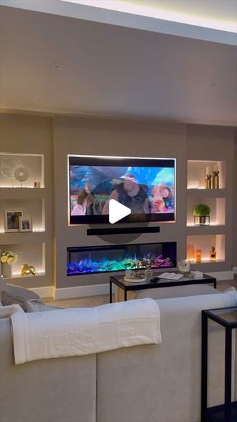 Built In Tv Wall Unit With Fireplace Diy, Led Media Wall, Panelled Walls With Tv, Wall Units With Fireplace And Tv, Tv Wall Lighting Ideas, Media Wall Lighting, Wall Unit With Fireplace And Tv, Lounge Media Wall, Media Walls With Fireplace