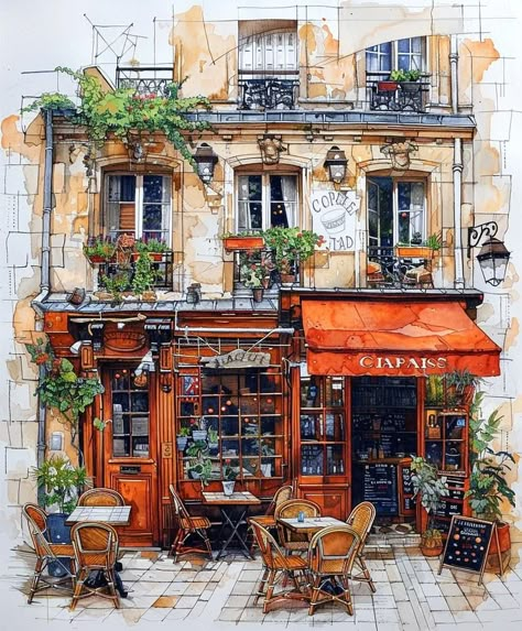 Urban Sketching Cafe, Shop Painting, Watercolor Scenery, Building Drawing, Watercolor Architecture, House Design Pictures, Planner Art, Art Drawings Sketches Pencil, Cafe Art