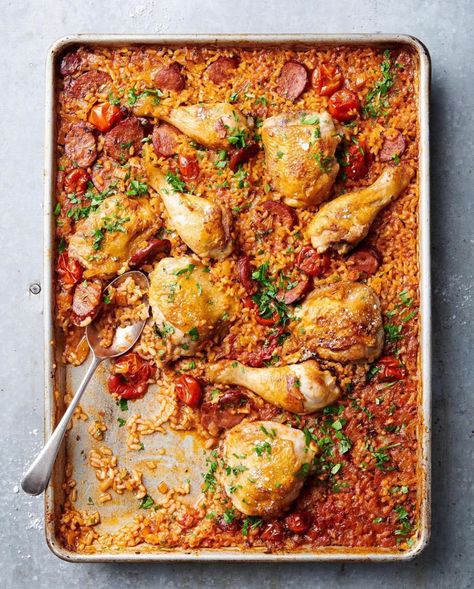 YUM! Baked Spanish Rice with Chicken and Chorizo 🌟 We love a good tray bake, they make for an easy tasty weekday meal.    #mintatmartinborough #kitchenshop #kitchenshopnz #shopwairarapa #wairarapakitchenshop #homewaresstorenz #lifestylestorenz #martinboroughkitchenshop #shoplocal #shoplocalnz #smallbusinessnz #shopsmall #supportlocalbusiness #womensupportingwoman #smallbusinessowner #traybake #traybakerecipe #dinnerrecipe #recipe #chickentraybake Baked Spanish Rice, Spanish Rice With Chicken, Spanish Chicken And Chorizo, Chorizo Rice, Chicken And Chorizo, Chicken Tray Bake, Chicken Breast Crockpot Recipes, Rice With Chicken, Spanish Chicken