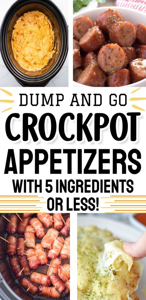 Feeding a crowd? On a Budget? These crockpot appetizers are SIMPLE make ahead appetizers with 5 ingredients or less! Many appetizer recipes only have 3 ingredients - super easy slow cooker party finger foods, appetizer bites and dips! Shareable Party Food, Five Ingredients Or Less Crockpot Meals, Easy Crockpot Appetizer Recipes, Party Appetizers For A Crowd Easy, Crock Pot Recipes Party, Mini Crock Pot Appetizers, Friendsgiving Food Ideas Crockpot, Easy Slow Cooker Appetizers, Thanksgiving Easy Appetizers Simple