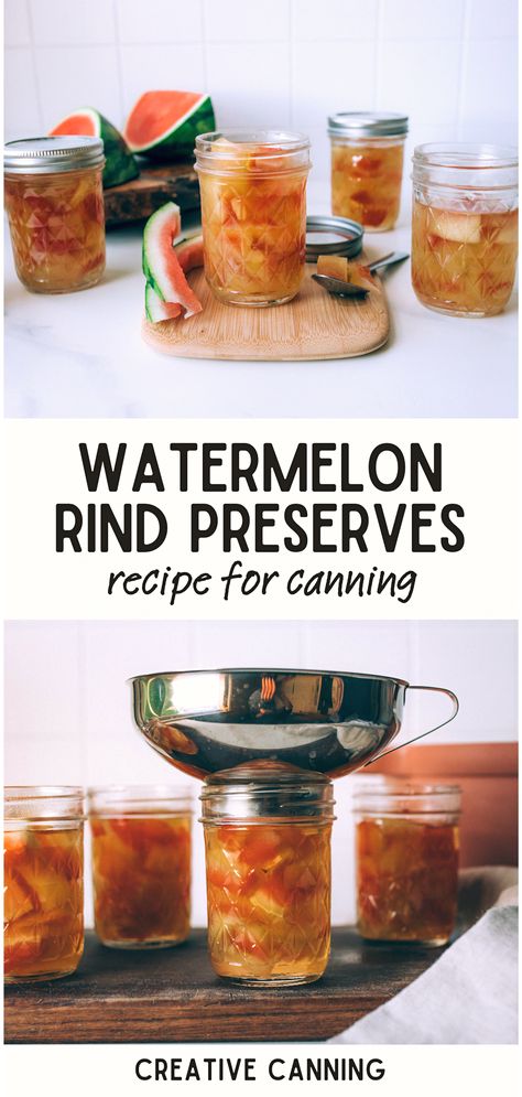 Broaden your culinary horizons with our watermelon rind preserves recipes. Using our easy to follow water bath canning method, you can transform the often-discarded watermelon rind into a delightful preserve. It's an unconventional yet easy watermelon recipe that not only adds variety to your canning fruit recipes but also reduces waste. Canned Watermelon Rind, Watermelon Rind Jam Recipe, Pickled Watermelon Rind Recipe Canning, How To Preserve Watermelon, Watermelon Rind Uses, Pickled Watermelon Rind Recipe Easy, Canning Watermelon Rind, Watermelon Preserves Recipe, Preserve Watermelon