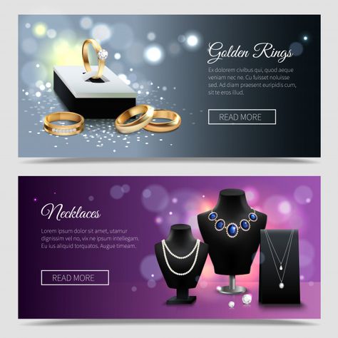 Horizontal jewelry realistic banners with golden rings and elegant necklaces on mannequins Free Vector Jewelry Banner, Event Poster Template, Glowing Background, Store Banner, Golden Rings, Halloween Express, Jewelry Logo, Business Banner, Classy Design