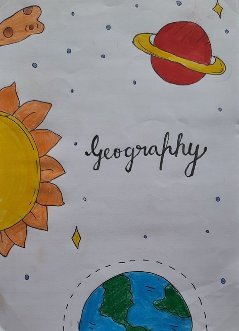 Geography First Page Ideas, Geography Aesthetic Drawing, Geography Calligraphy Design, Geography Project Cover Page Design, Geography Book Cover Design, Geography File Cover Ideas, Geography Project Cover Page Ideas School, Geography Front Page Design, Geography Front Page Ideas