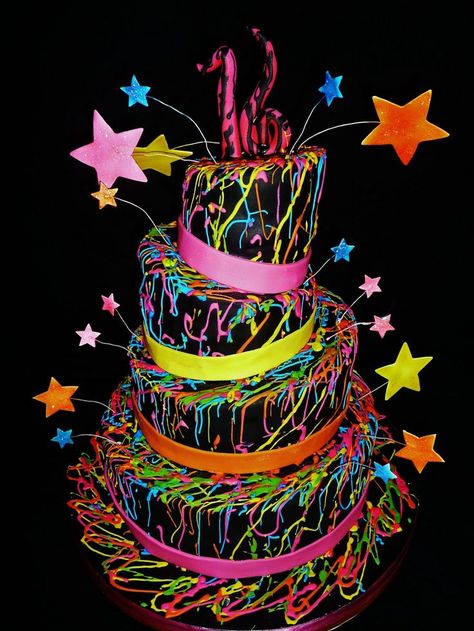 Glow in the Dark Party Ideas for Teenagers | Glow in the Dark themed " Lila Party, Neon Cakes, Sweet Sixteen Cakes, Teenage Parties, Glow In Dark Party, Glow Birthday Party, Roller Skating Party, Neon Birthday, Blacklight Party