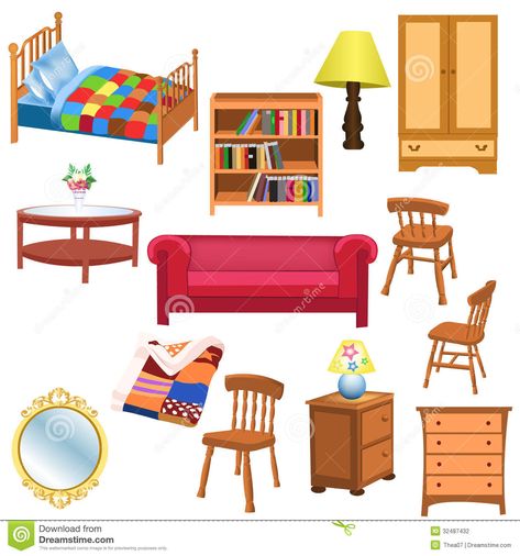 Illustration about Vector set of furniture for living room and bedroom, isolated on a white background. Illustration of table, blanket, living - 32487432 Furniture Clipart, Family Sofa, Kids Living Rooms, House Clipart, Paper Doll House, Kids Background, Free Furniture, Shared Rooms, Space Furniture