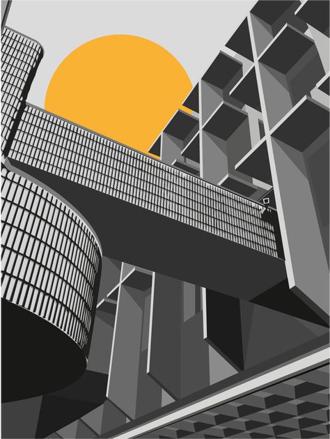 Brutalist Architecture Illustration, Architectural Illustration Graphics, Abstract Buildings Architecture, Urban Buildings Architecture, Architecture Vector Illustration, Flat Colour Illustration, Vector Building Illustration, Adobe Illustrator Architecture, Urban Environment Art