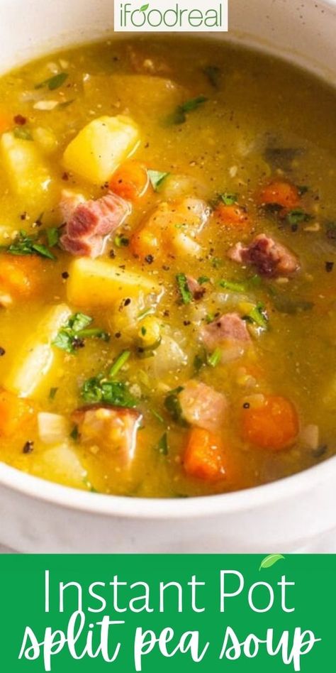 Comforting Instant Pot Split Pea Soup is brimming with flavour, budget friendly, and easy to make! It's hearty, protein-rich, and comforting, made with split peas, ham or soup bones, and fresh veggies in a fraction of the time without any presoaking! Split Pea And Ham Soup Instapot, Instant Pot Pea Soup, Pea Soup Crockpot, Ham Bone Soup Recipes, Pressure Cooker Ham, Instant Pot Split Pea Soup, Instant Pot Split Pea, Split Pea Soup Crockpot, Pork Bone Soup