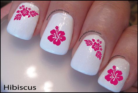 Nail Designs Hibiscus, Hawaiian Nails, Tropical Nail Designs, Hawaii Nails, Water Slide Decals, Tropical Nails, Christmas Manicure, Summery Nails, Really Cute Nails