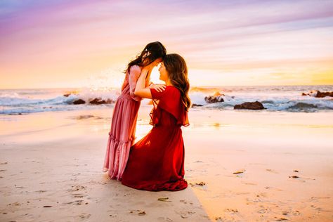 Orange Dress Beach Photoshoot, Sunset Beach Photos Dress, Floor-length Orange Dress For The Beach, Maternity Photos Orange Dress, Outfit Ideas Beach, Mountain Family Photos, Sunset Cliffs Maternity Photos, Family Beach Session, Bright Colored Outfits